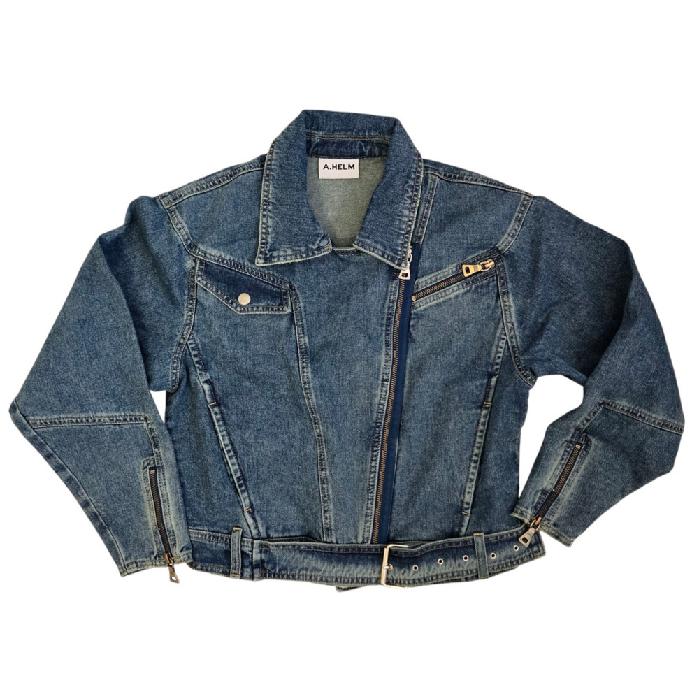 A. Helm ACL Blue Denim Cropped Blue Moto Jean‎ Jacket Size Medium